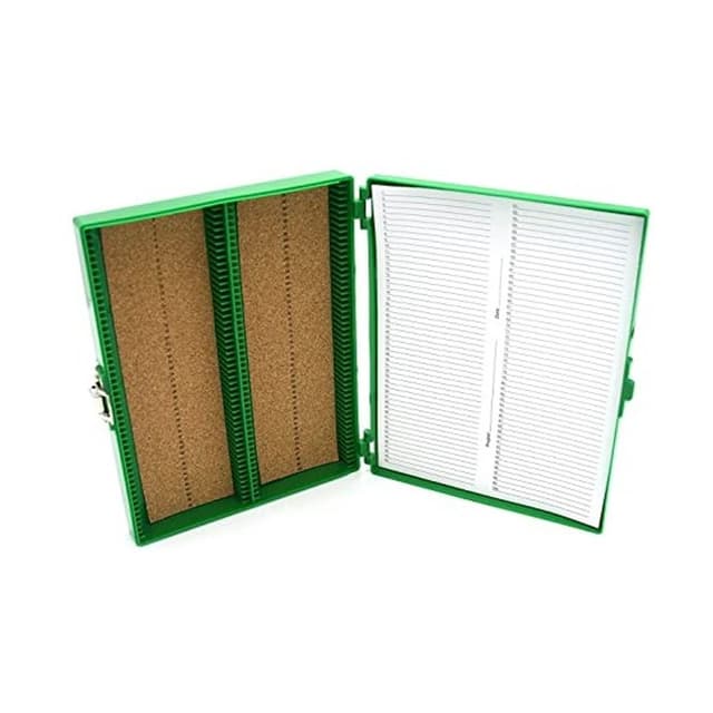 Caja de plastico verde para 100 Portaobjetos